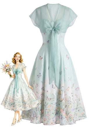 Hellblaues 40er Kleid mit Chiffon-Cape