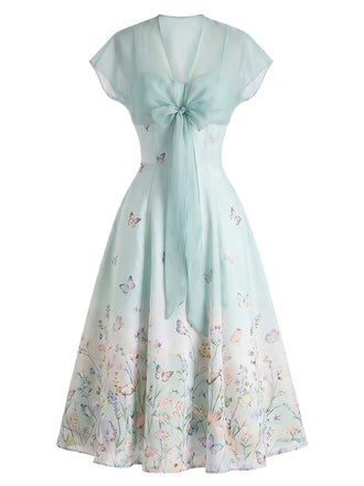 Hellblaues 40er Kleid mit Chiffon-Cape