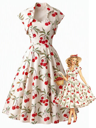 [Vorverkauf] Weißes 50er Swingkleid mit Kirschprint und Herzausschnitt