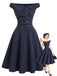 Marineblaues 50er Nadelstreifenkleid mit Carmen-Ausschnitt und Knöpfen
