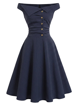 Marineblaues 50er Nadelstreifenkleid mit Carmen-Ausschnitt und Knöpfen