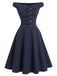 Marineblaues 50er Nadelstreifenkleid mit Carmen-Ausschnitt und Knöpfen