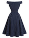 Marineblaues 50er Nadelstreifenkleid mit Carmen-Ausschnitt und Knöpfen