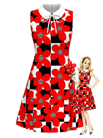 [Vorverkauf] Rotes 60er Mod-Kleid mit Karomuster und Blumen