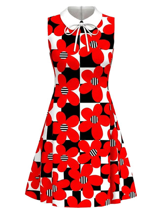 Rotes 60er Mod-Kleid mit Karo und Blumen