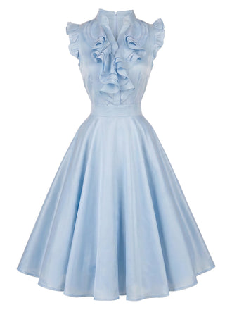 Hellblaues 50er Swingkleid mit V-Ausschnitt und Rüschen