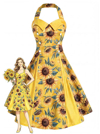 [Vorverkauf] Gelbes 50er Kleid mit Sonnenblumen und Neckholder