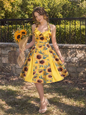 [Vorverkauf] Gelbes 50er Kleid mit Sonnenblumen und Neckholder
