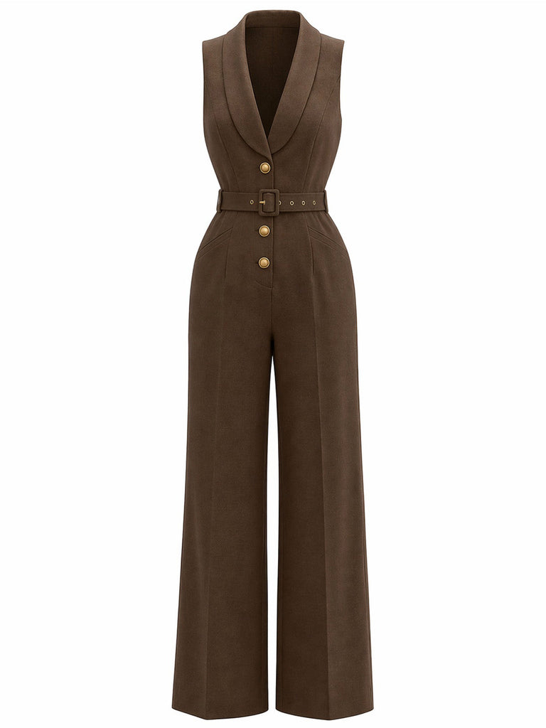 Brauner 40er Jumpsuit mit Schal-Kragen und Gürtel
