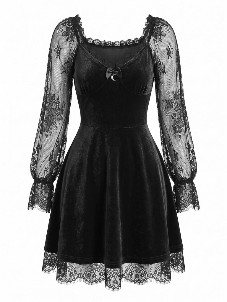 Schwarzes 50er Gothic Minikleid mit Samt und Spitze