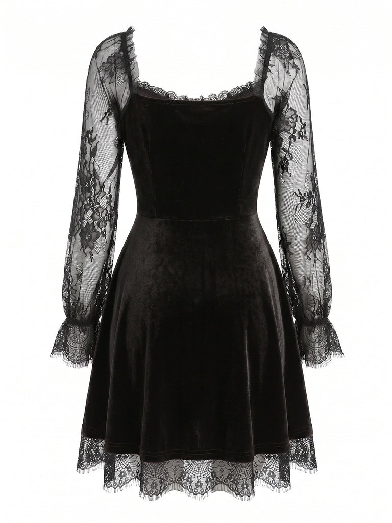 Schwarzes 50er Gothic Minikleid mit Samt und Spitze
