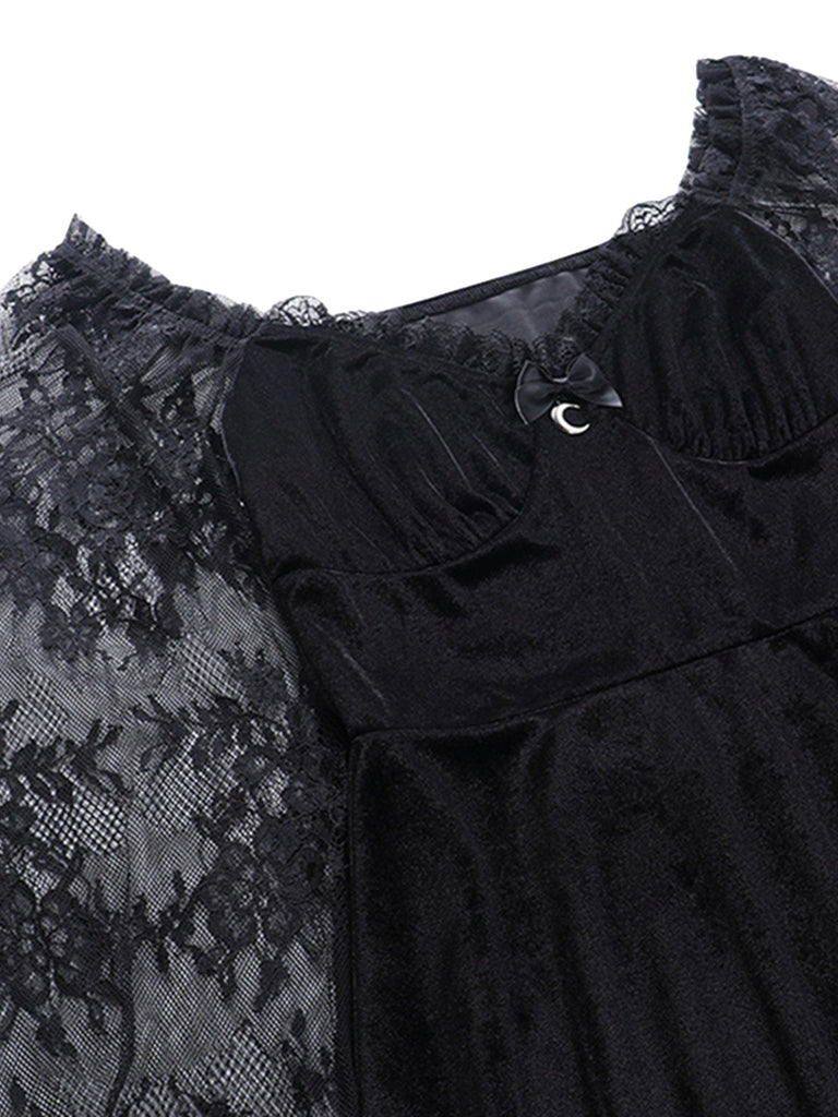 Schwarzes 50er Gothic Minikleid mit Samt und Spitze