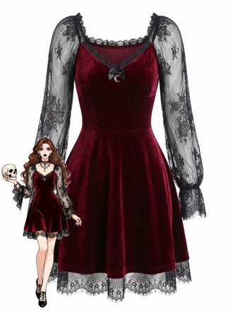 Schwarzes 50er Gothic Minikleid mit Samt und Spitze