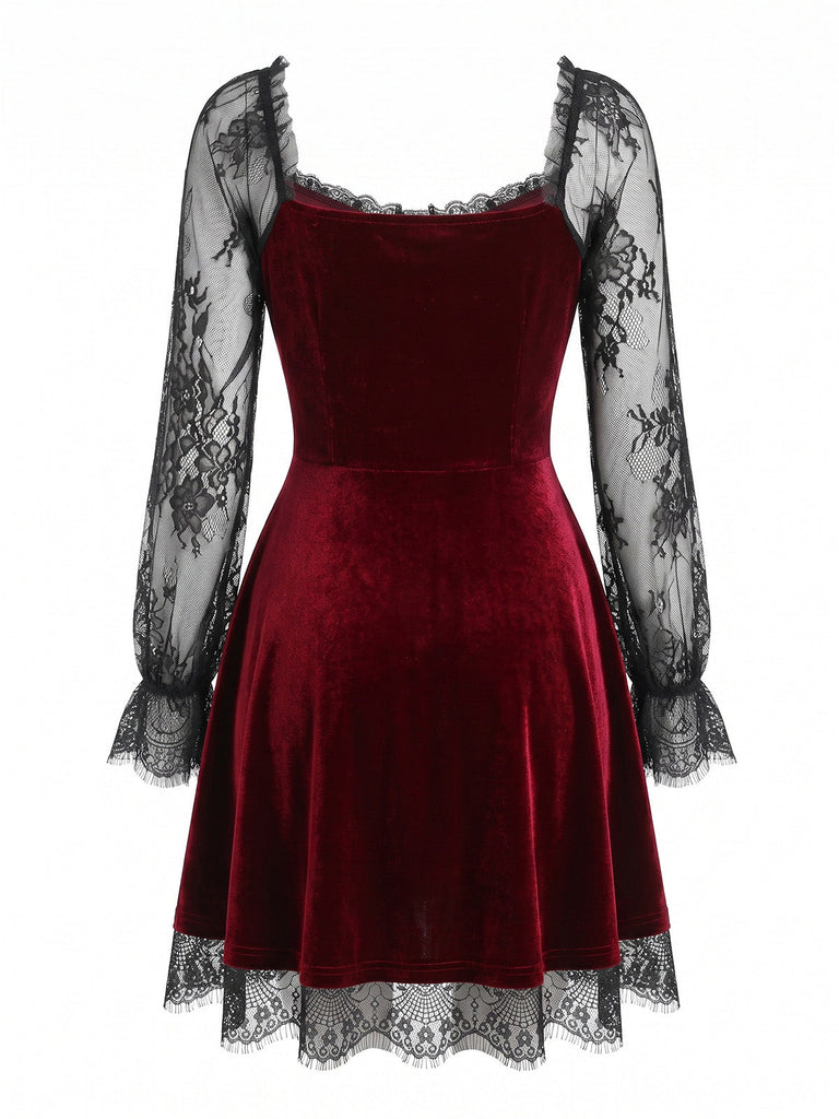 Schwarzes 50er Gothic Minikleid mit Samt und Spitze