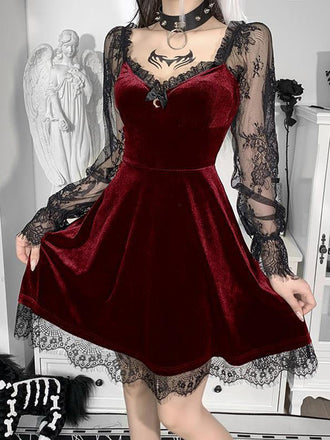 Schwarzes 50er Gothic Minikleid mit Samt und Spitze