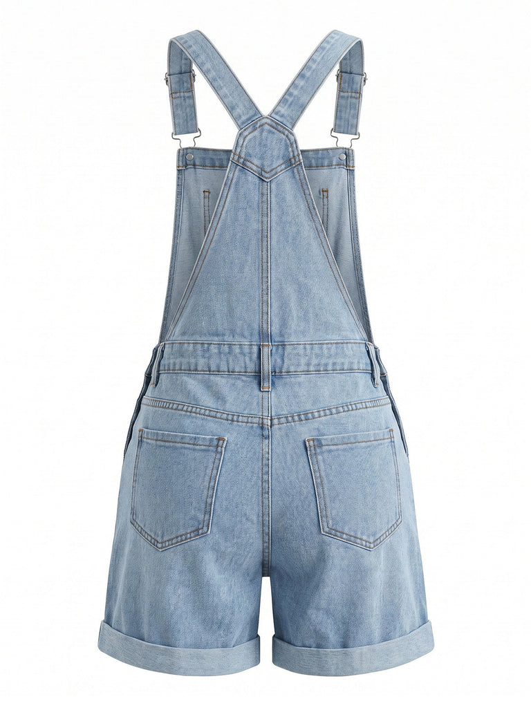 Hellblauer 50er Jeans-Romper mit Tasche und Rollen