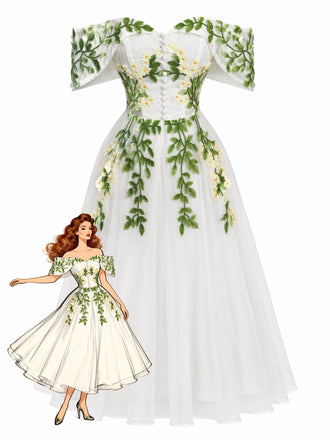 Weißes 50er schulterfreies Kleid mit Applikationen und Rebe