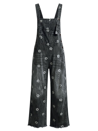 Schwarzer 40er Jeans-Latzoverall mit Blumenprint und weitem Bein