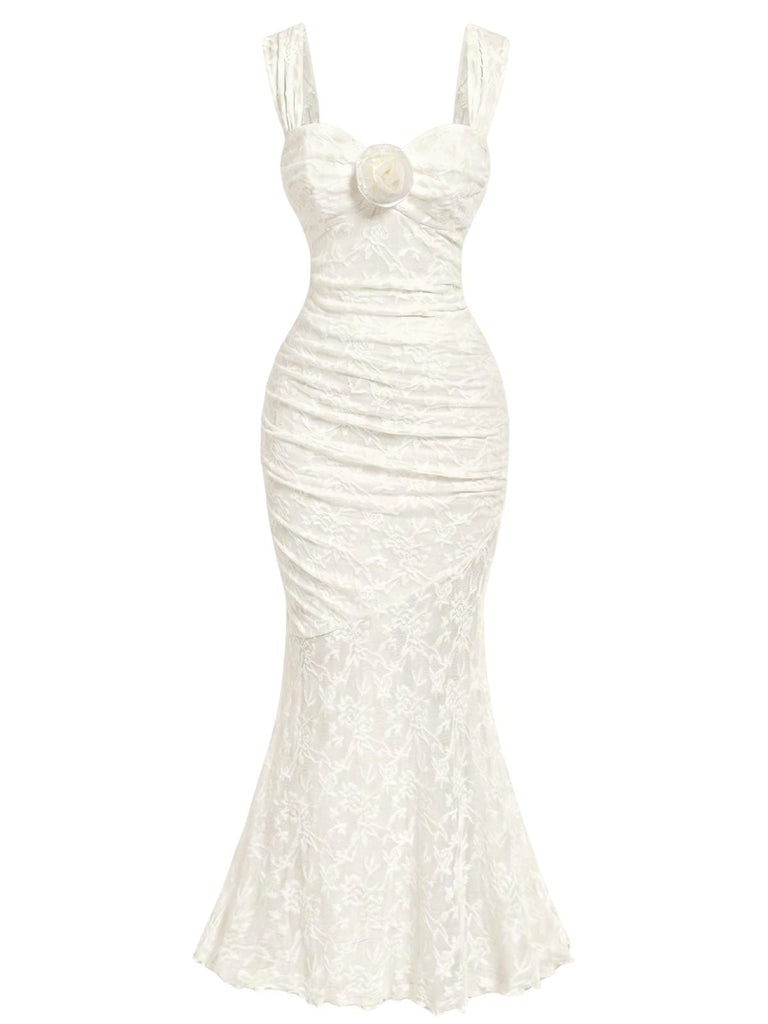 Elfenbeines 30er Kleid mit Blumen und Spitze