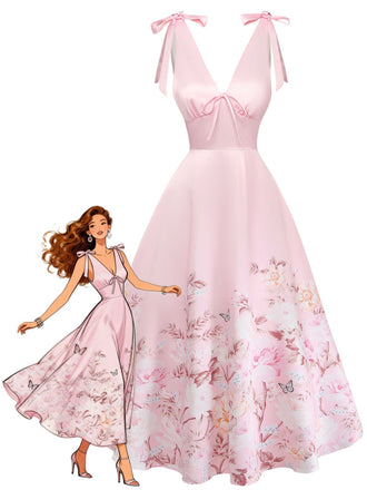 Rosa 40er Kleid mit V-Ausschnitt und Blumen