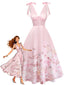 Rosa 40er Kleid mit Blumen-Print und Bindeträgern