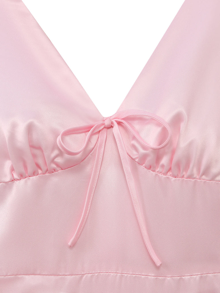 Rosa 40er Kleid mit V-Ausschnitt und Blumen
