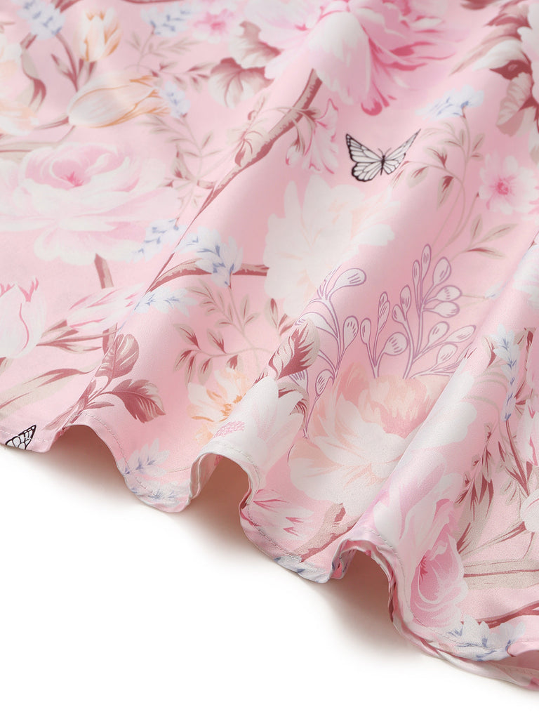 Rosa 40er Kleid mit V-Ausschnitt und Blumen