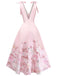 Rosa 40er Kleid mit V-Ausschnitt und Blumen