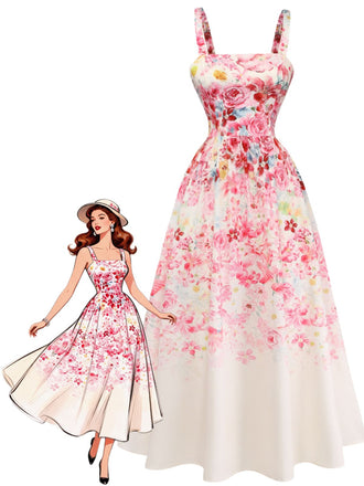 Rosa 40er Ärmelloses Midikleid mit Blumen