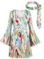 Weißes 70er Minikleid mit Psychedelic-Print und Trompetenärmeln