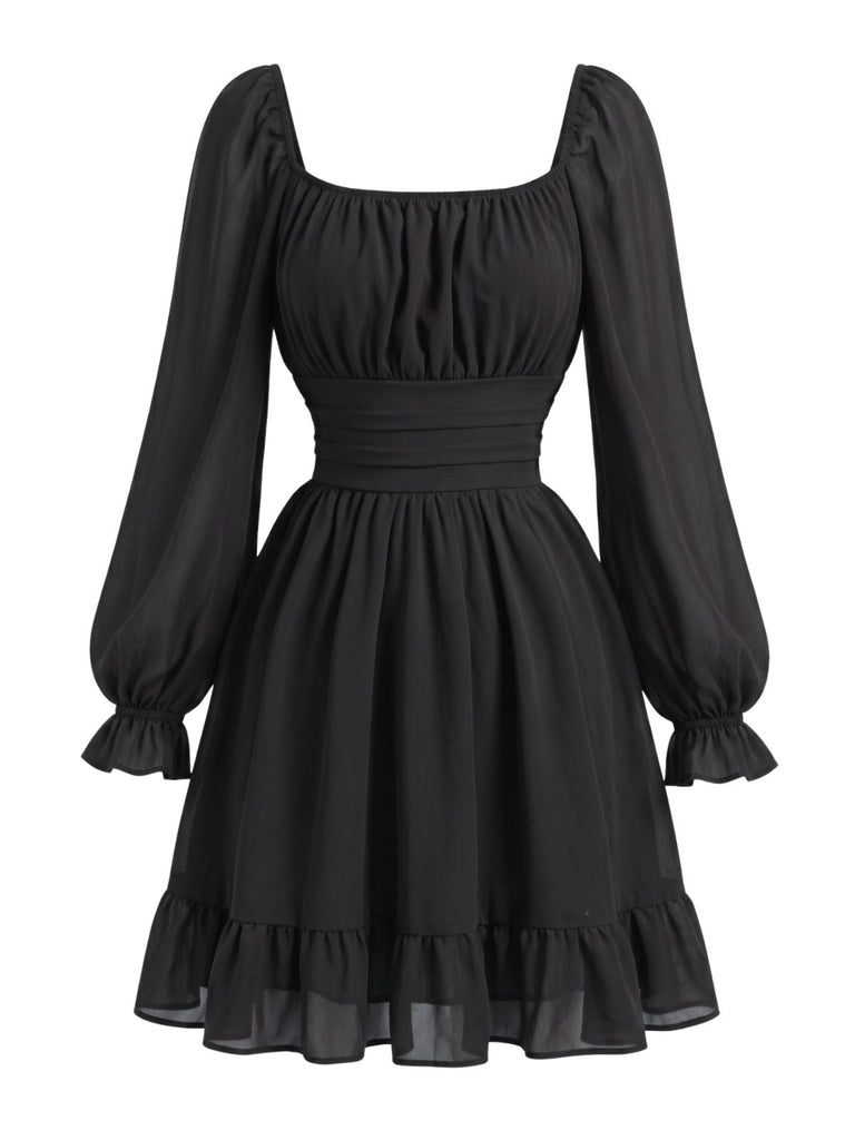 50er Chiffon-Smockkleid mit Eckiger Ausschnitt und Langarm