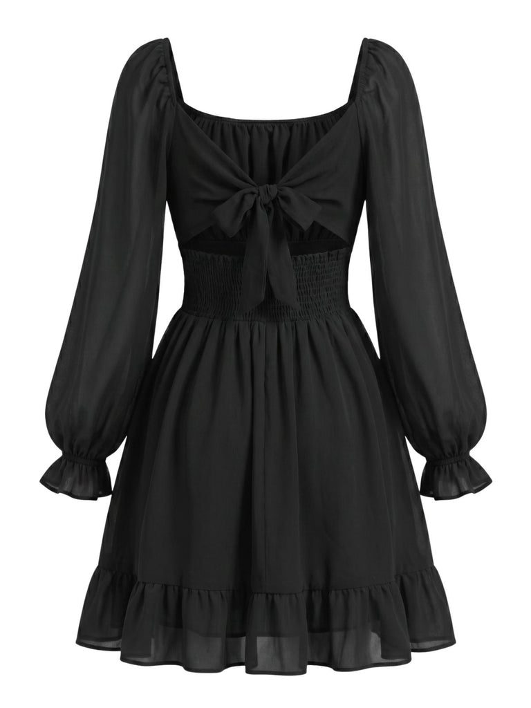 50er Chiffon-Smockkleid mit Eckiger Ausschnitt und Langarm