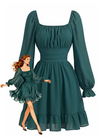 50er Chiffon-Smockkleid mit Eckiger Ausschnitt und Langarm