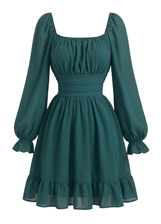 50er Chiffon-Smockkleid mit Eckiger Ausschnitt und Langarm