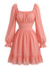 50er Chiffon-Smockkleid mit Eckiger Ausschnitt und Langarm