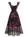 Schwarzes 40er Netzkleid mit roten Lilien und Rüschen
