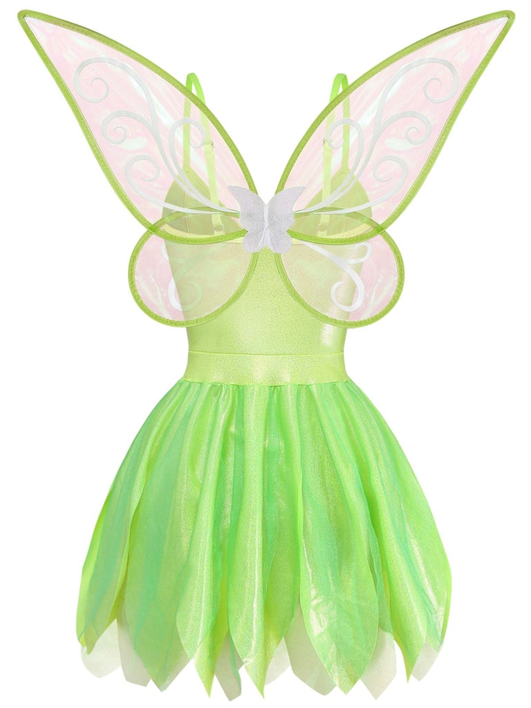 Grünes 50er Feenkleid mit Blatt-Saum und Flügeln