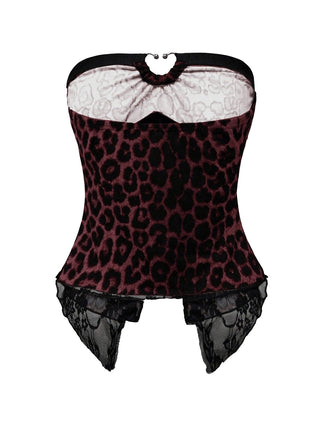 Weinrotes 70er Trägerloses Top mit Leoparden-Print und Spitze