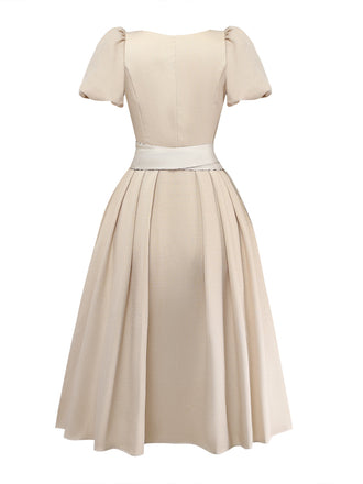 Beige 50er Kleid mit Eckiger Ausschnitt und Puffärmel