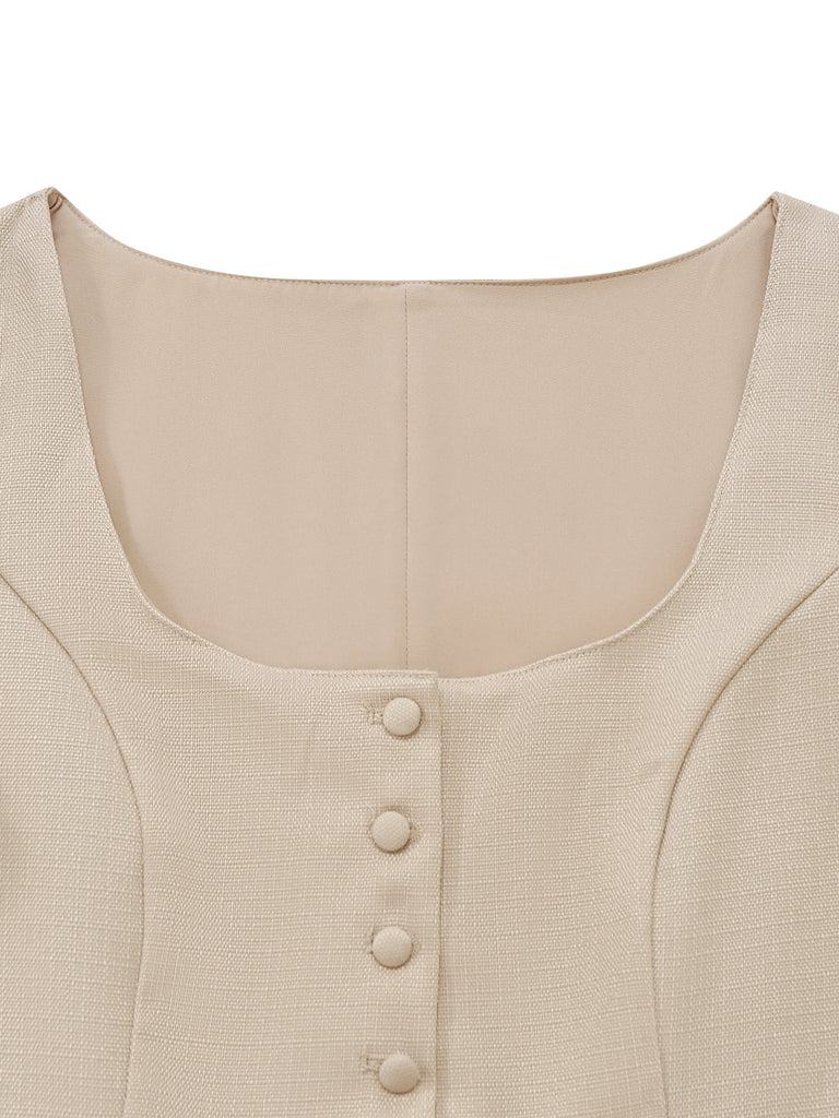 Beige 50er Kleid mit Eckiger Ausschnitt und Puffärmel