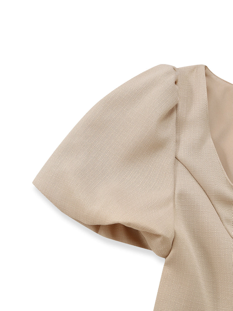 Beige 50er Kleid mit Eckiger Ausschnitt und Puffärmel