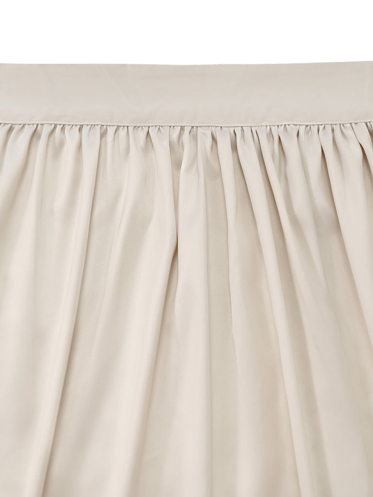 Beige 50er Kleid mit Eckiger Ausschnitt und Puffärmel