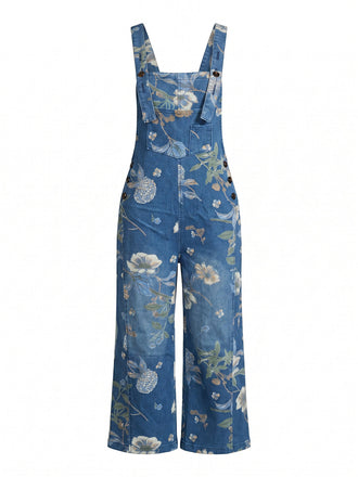 Blau 50er Jeans- mit Blumen-Print und Taschen