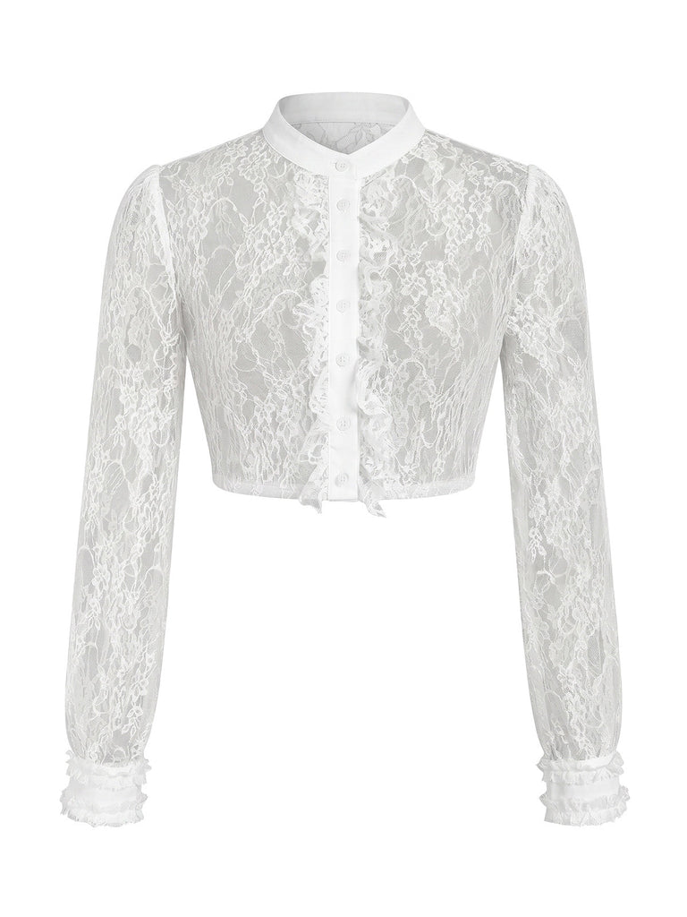 Weiße 50er Bluse mit Rüschen und Spitze