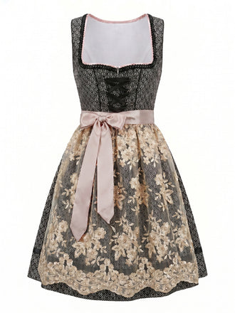 Schwarzes 50er Kleid mit Spitzenschürze und Blumen