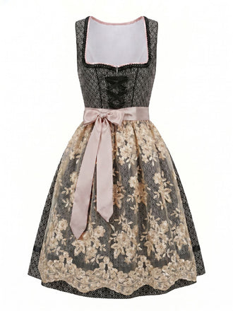 Schwarzes 50er Oktoberfest-Dirndl-Set mit Karree-Ausschnitt und Spitzenschürze