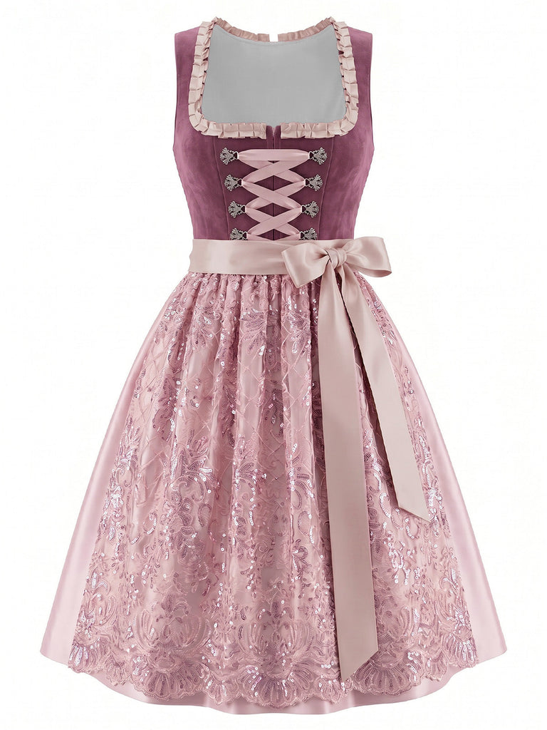 Dunkelrosaes 50er Kleid mit Eckiger Ausschnitt und Blumen