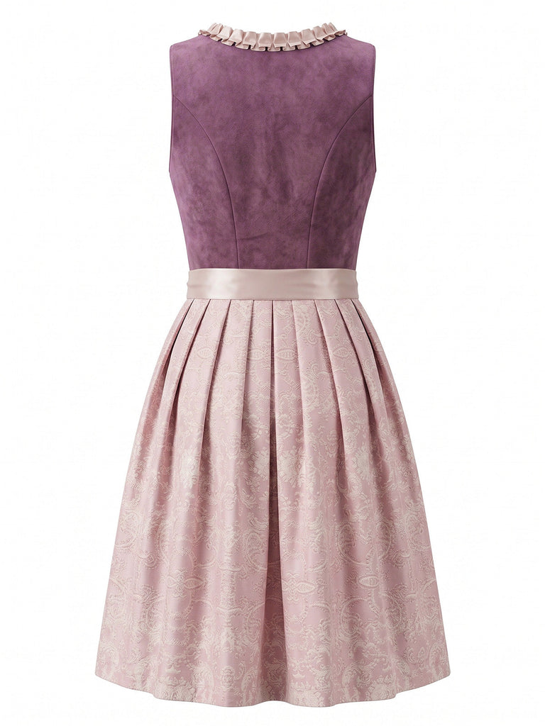 Dunkelrosaes 50er Kleid mit Eckiger Ausschnitt und Blumen