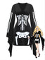 Schwarzes 70er Gothic-Kleid mit Skelett-Print und Schnürung