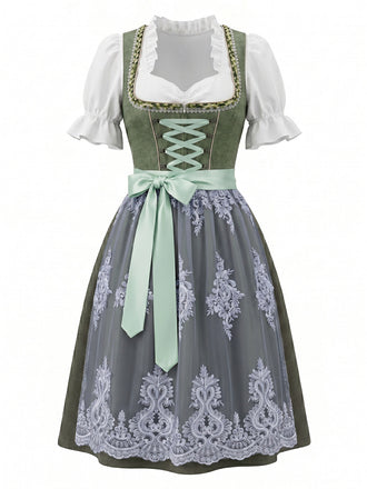 Grünes 50er Jacquard-Kleid mit Eckiger Ausschnitt und Puffärmel